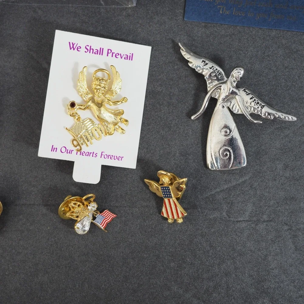 Vintage Angel Pin Brooch Lot Gold Silver Tones Ornaments Religious Holiday USA